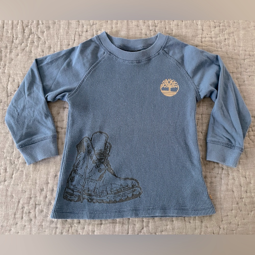 Timberland Blue, Tan, Black Long Sleeve Kids Shirt 3T shoe logo cotton blend